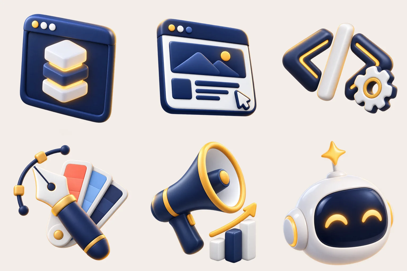 Sechs 3D-Icons für die Strive-Leistungen