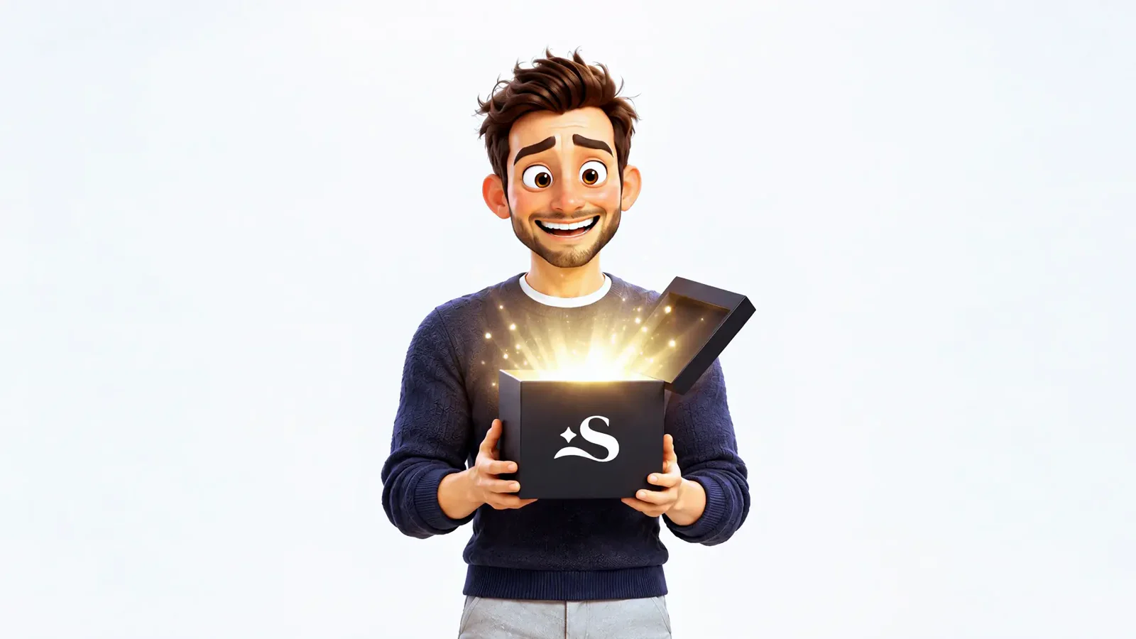 Strive-Figur öffnet eine leuchtende Box mit dem Strive-Logo